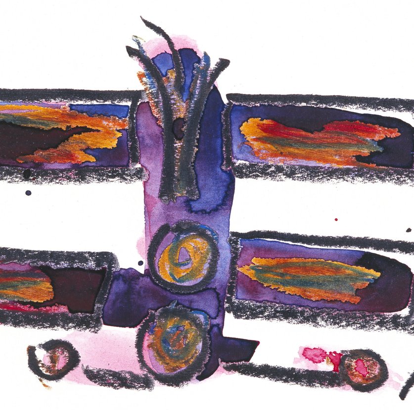 Arnold Schmidt, 2002, Flugzeug, Kohle, Aquarellfarben, Wachskreide, 14,7 x 10,9 cm, © Privatstiftung – Künstler aus Gugging
